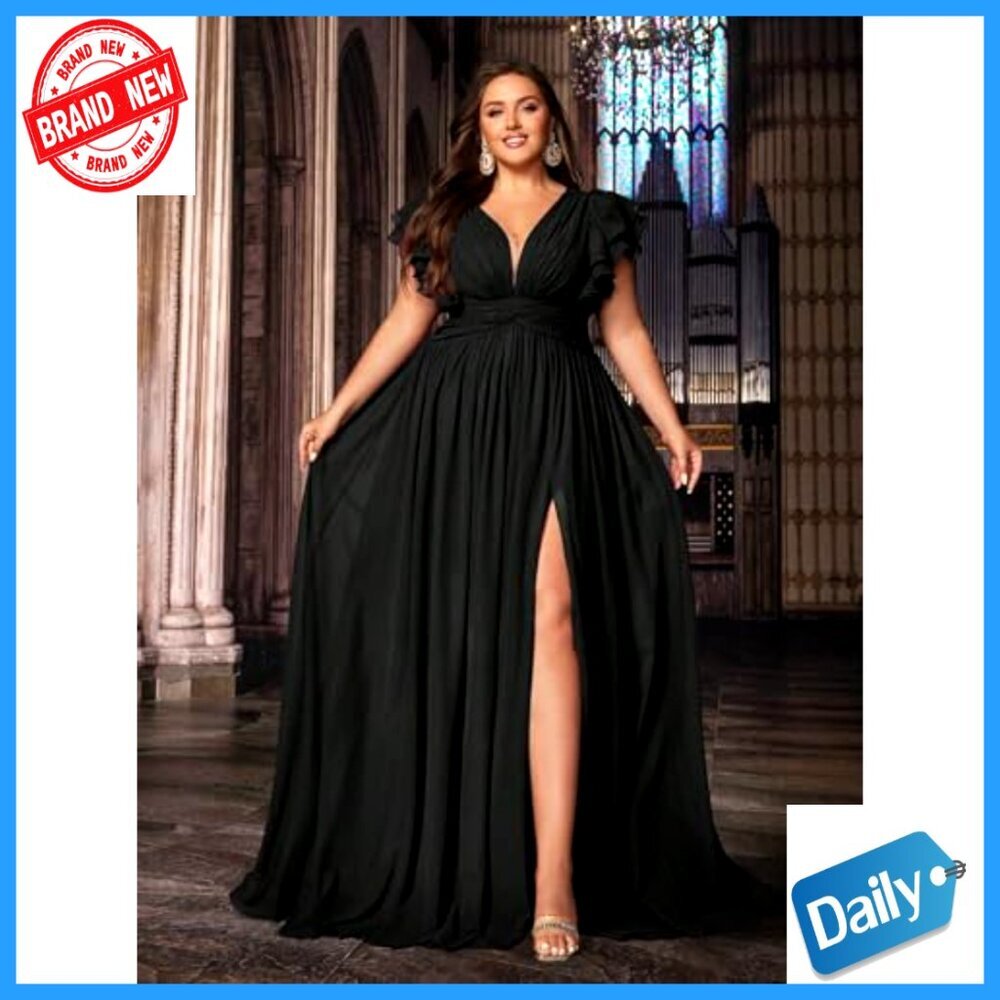 Chiffon Maxi Dress Elegant Formal Evening Party Gown V Neck Ruffle Sleeve - Picture 4 of 7